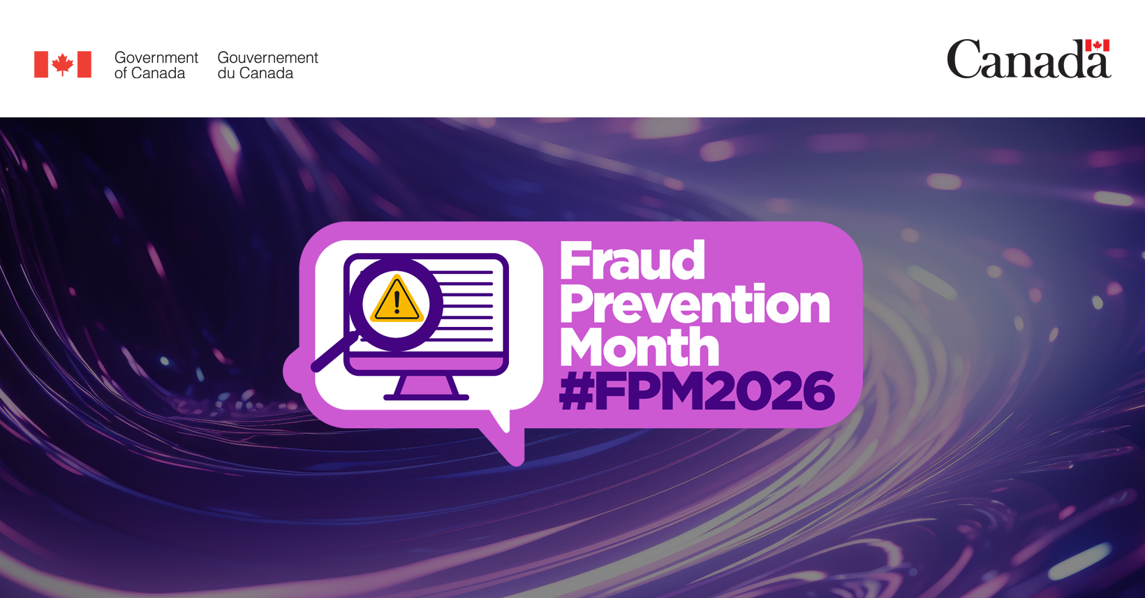 Fraud Prevention Month 2026 Social Media banner for Facebook. Image Dimensions are 1640 (width) by 856 (height) in pixels.