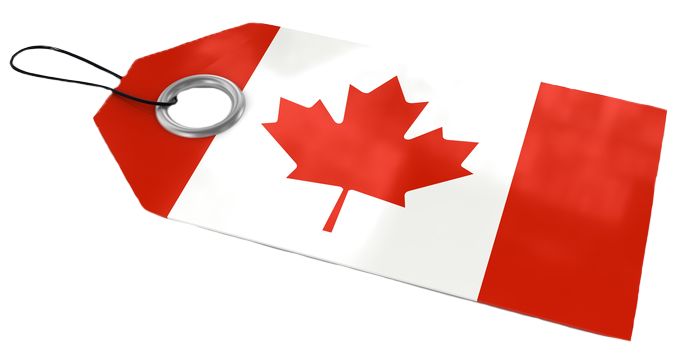 A paper price tag with a black string tied through an aluminum rivet. An image of the Canadian flag covers the entire surface of the tag.